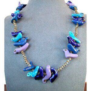 Vintage Ceramic Bird Fetish Necklace With Mixed Bead Accents 28"